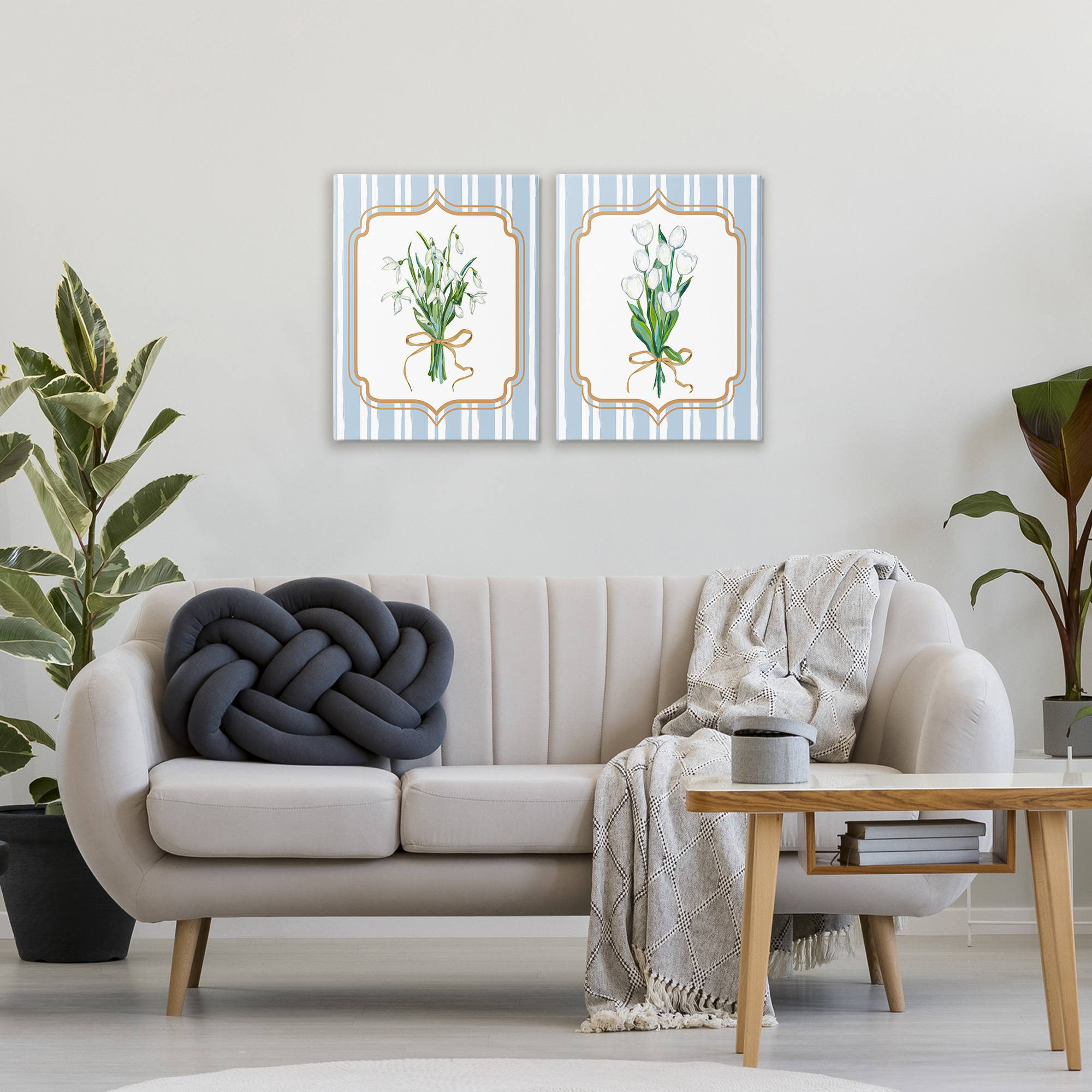 White Flowers Classic Stripes 2 Piece Canvas Wall Art Set, design by Adonna Ebrahimi