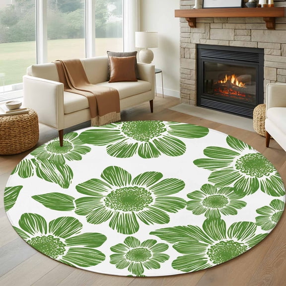 Green Spring Floral Round Rug 5ft Washable Circle Kitchen Rugs Non Slip Pastoral Flower Large Area Rug Indoor Floor Carpet for Bedroom Living Room Home Office Dining Room Nursery