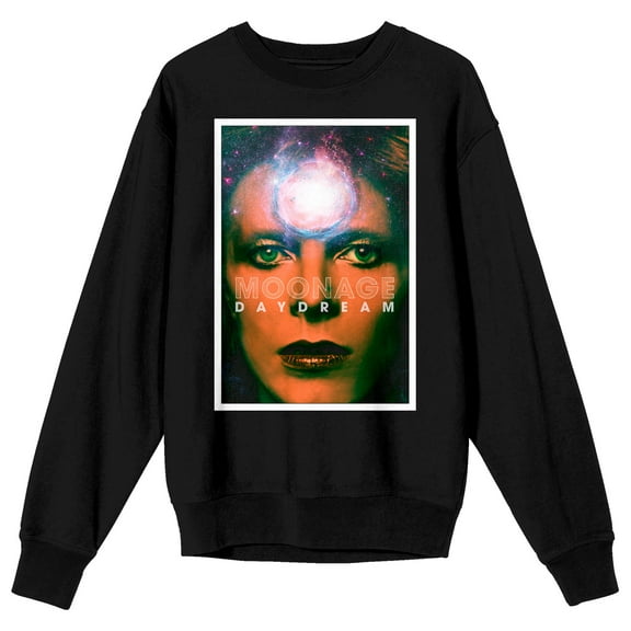 David Bowie Close Up Face Crew Neck Long Sleeve Black Adult Tee-Medium