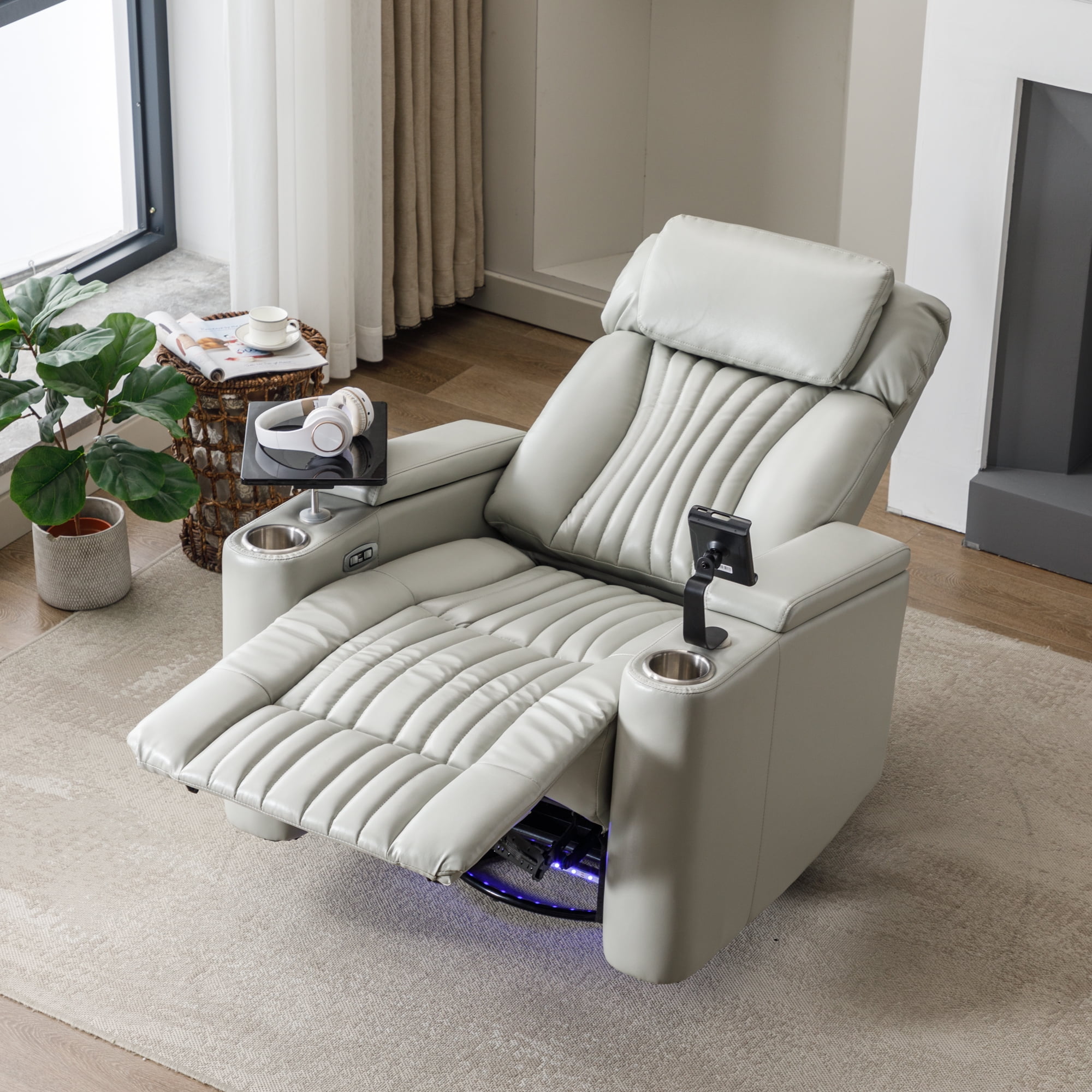 Harper & Bright Designs PU Power Swivel Recliner with Cup Holder, Home Theater Seating with Hidden Arm Storage and LED Light Strip, Grey