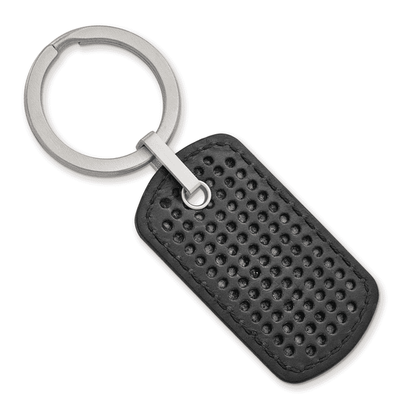 Stainless Steel Brushed Textured Black Leather Stitched Key Ring