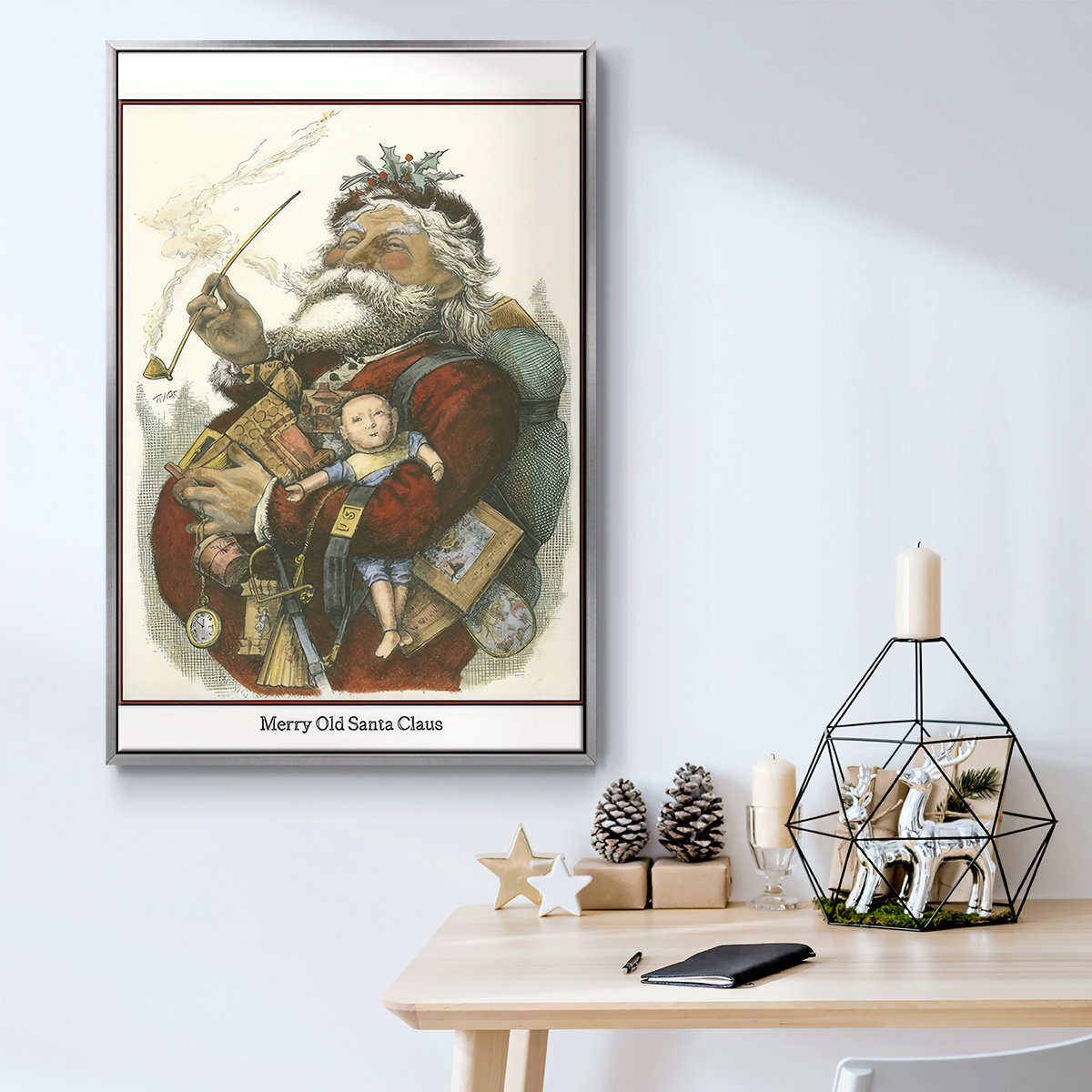 Merry Santa - Framed Gallery Wrapped Holiday Canvas - 27 x 41 - Silver Frame