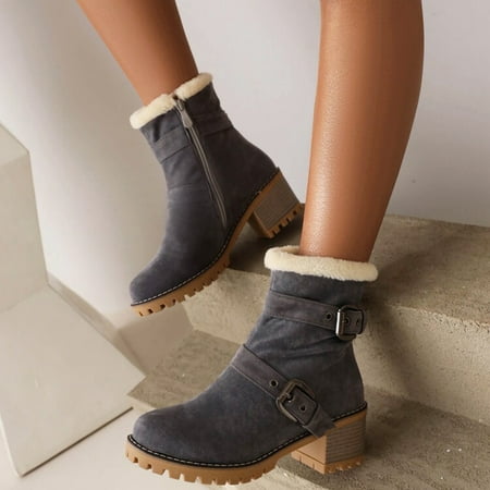 

Njoeus Boots For Women Tall Boots For Women Autumn And Winter Short Boots Women S Thick Heel Leather Buckle Ankle Boots Nostalgic Warm Cotton Boots Ankle Boots For Women