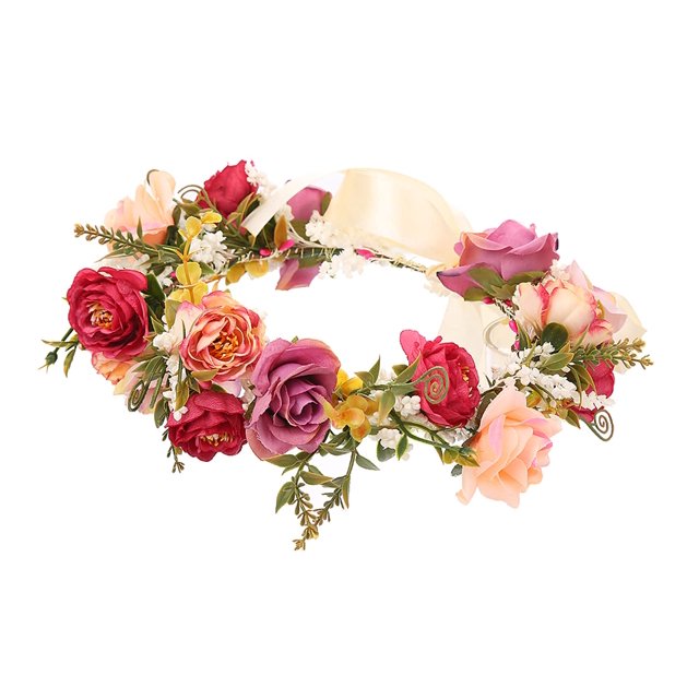 LLinfflr Corona de flores de rosas Diadema floral nupcial Corona para el cabello Tocado de flores Halo Boho con cinta Fotos de festivales de bodas y fiestas
