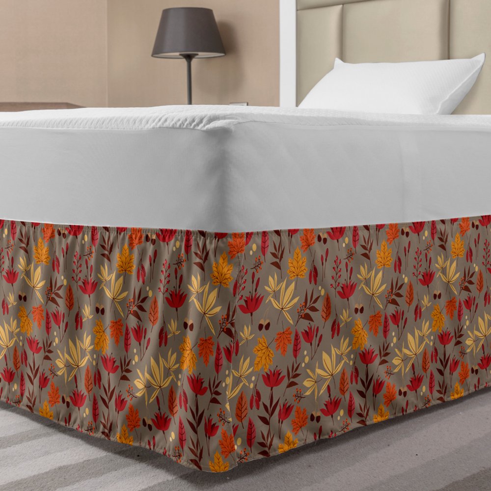 Burnt Orange Bed Skirt, Cartoonish Autumn Leaves Acorns and Berries Seasonal Nature Foliage
