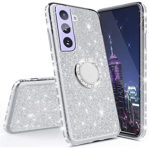 Glitter Case for Samsung Galaxy S21 for Women, Cute Sparkle Diamond Cover with Ring Magnetic Stand Rhinestone Bling Phone Cases for Samsung Galaxy S21 HH Silver