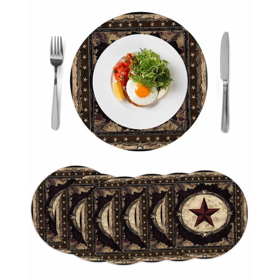 Western Stars Brown Round 15 Inch Placemats Set of 6, Farmhouse Country Vintage Wood Grain HeatResistant Non Slip Place Mats for Dining Table, Wipeable Braided Kitchen Table Mats for Housewarming