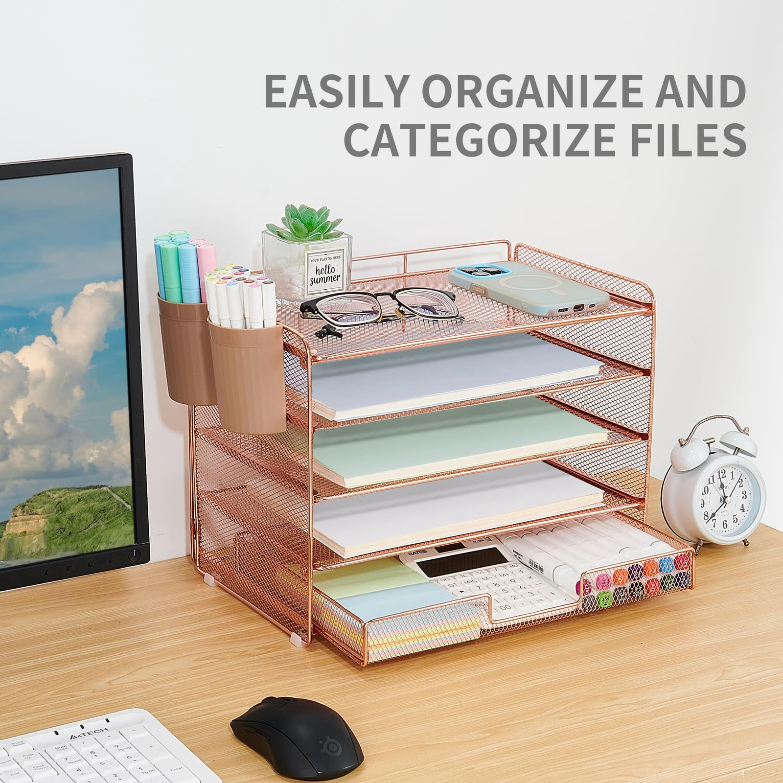 Desk Organizer And Accessories  5-tier Paper Letter Tray With Drawer & 2 Pen Holders For Desktop File Organization Office Supplies Storage (rose Gold)