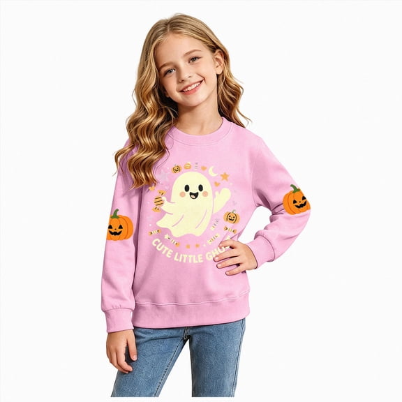 CAUYDY Halloween Sweatshirt Kids Ghost Shirt for Girls Spooky Long Sleeve Tops Fall Pink Sizes 5-6 Years