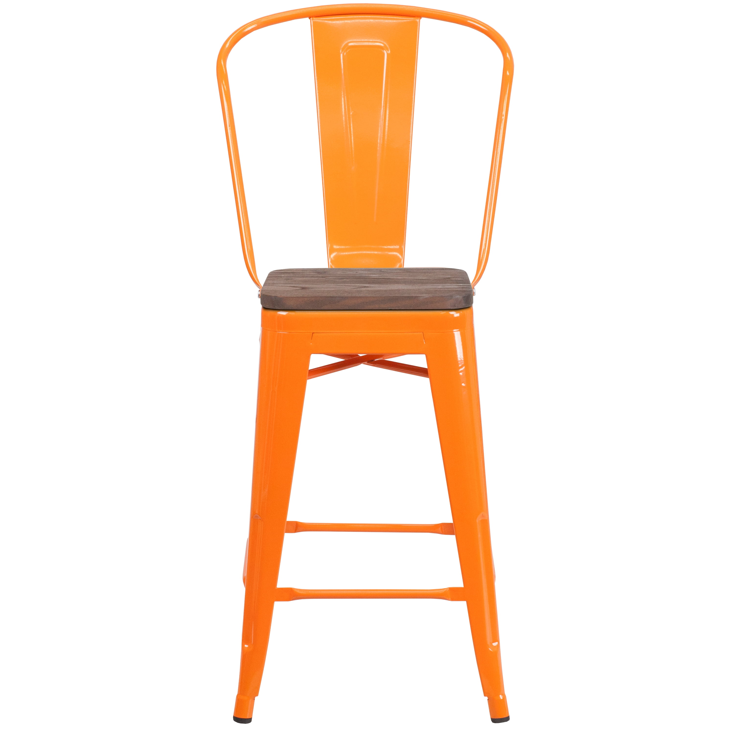 Flash Furniture Lily 24" High Orange Metal Counter Height Stool with Back and Wood Seat