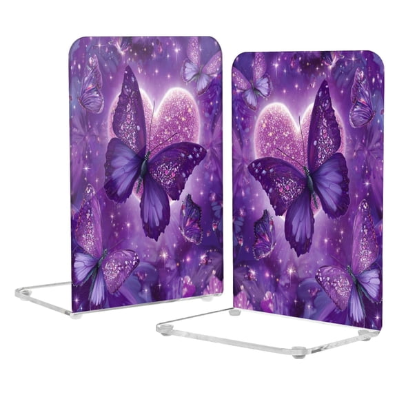 2Pack Acrylic Bookends Clear L-Shaped Book Holders with Non-Slip Pads Sturdy Durable Book Stoppers for Shelves, Office, School, Library, Home Desk Decor Purple Diamond Butterfly