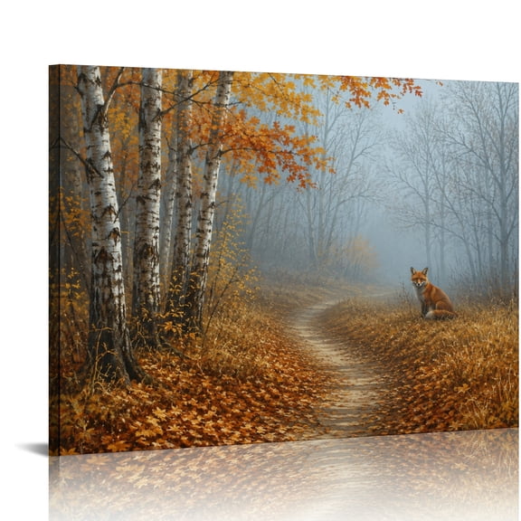 Patifu Fox In Autumn Birch Forest HD Print Framed Canvas Wall Art Ready To Hang Home Decor 16x12in