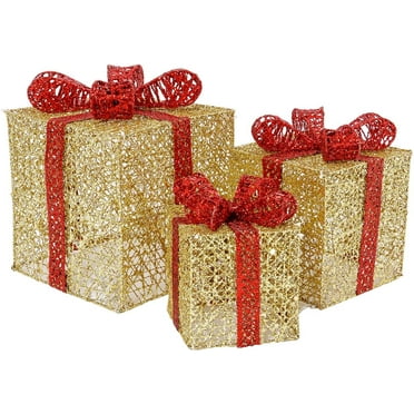 Bibana Set of 3 Christmas Lighted Gift Boxes with Bows Present Boxes for Christmas, Weddings Yard Home Holiday Art Decorations (Gold)