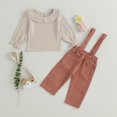 thumbnail image 3 of Okbabeha Toddler Baby Girls Doll Collar Ruffle Long Sleeve Linen Blouse Top+Corduroy Overalls Suspender Pants Vintage Fall Clothes Outfit, 3 of 7
