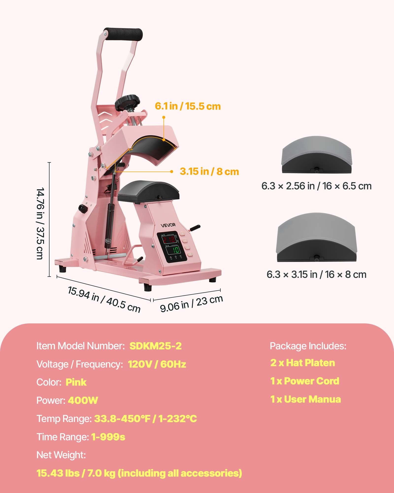 Hat Heat Press Machine for Caps, 2-in-1 Pink Heat Transfer Press with Dual Heating Platens, Digital LCD Time & Temperature Control, Adjustable Pressure, Fits Baseball Caps, Berets & Peaked Hats