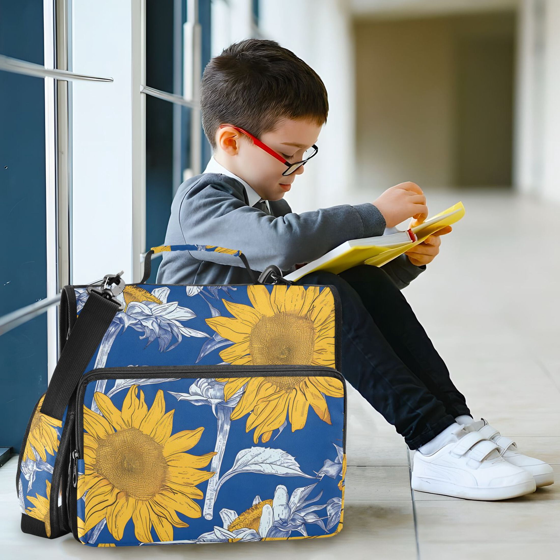 3 Ring Zipper Binder with Shoulder Strap Waterproof Trapper Keeper 2 Inch D-Ring 500 Sheets Capacity Hand Paint Sunflowers