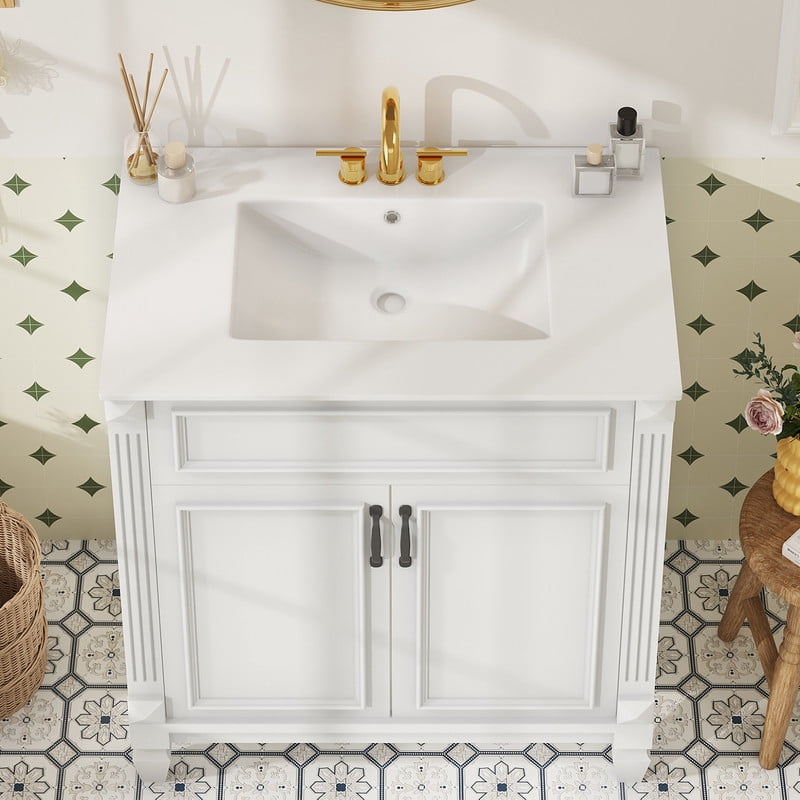 Gianna 30" Bathroom Vanity with Sink, Bathroom Storage Vanity Sink with 2 Doors, Farmhouse Wooden Free Standing Bathroom Cabinet with Sink, Easy Assembly, NO Mirror Faucet (White)