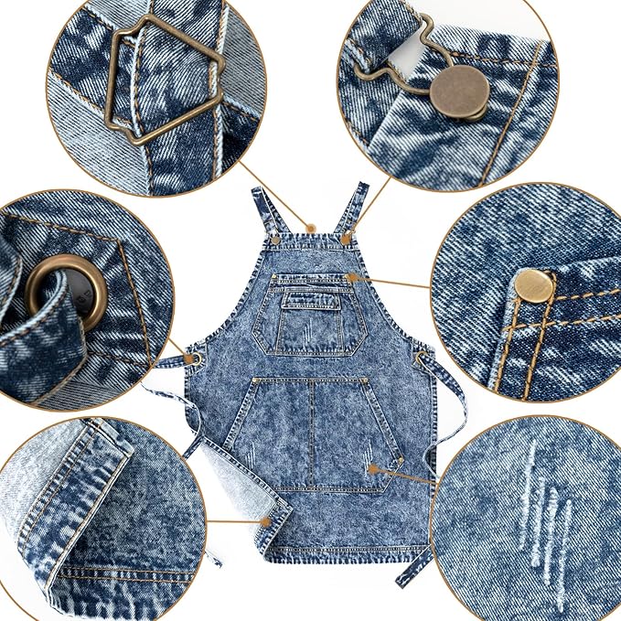 Washed denim canvas apron, shoulder strap skirt, work clothes, workwear, waist circumference, milk tea shop-Denim Blue