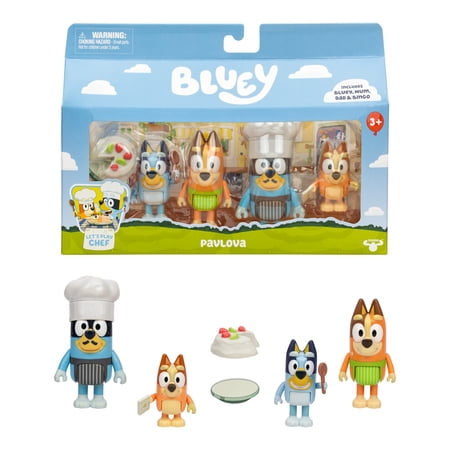 Bluey Pavlova 4 Pack  Four 2.5-3  Figures  Includes Bluey  Bingo  Bandit In His Chef Hat and Chilli  Ages 3+