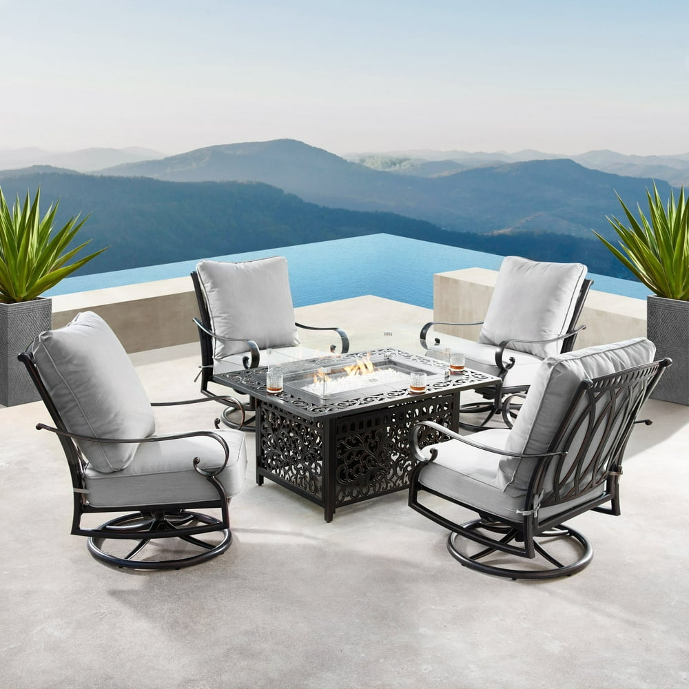 Outdoor Aluminum 48 in. Rectangular Fire Table Set with Four Deep Seating Swivel Rocking Chairs 