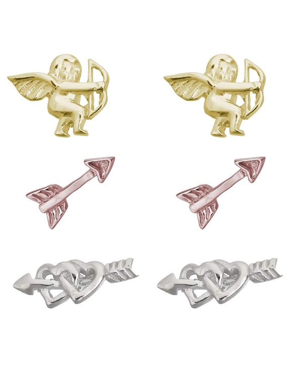 Sterling Silver Tricolor Polished Cupid, Arrow and Cupid's Arrow Heart Stud Set