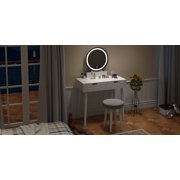 White Vanity Desk with 3-Color LED Mirror & Cushioned Stool – Makeup Table, 2 Drawers, Touch Screen – Bedroom Bathroom Dressing Set
