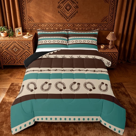 jejeloiu Rustic Western Horseshoe Full Size Comforter Sets Kids,Vintage Cowboy Print Bedding Sets,Reversible,3-Piece