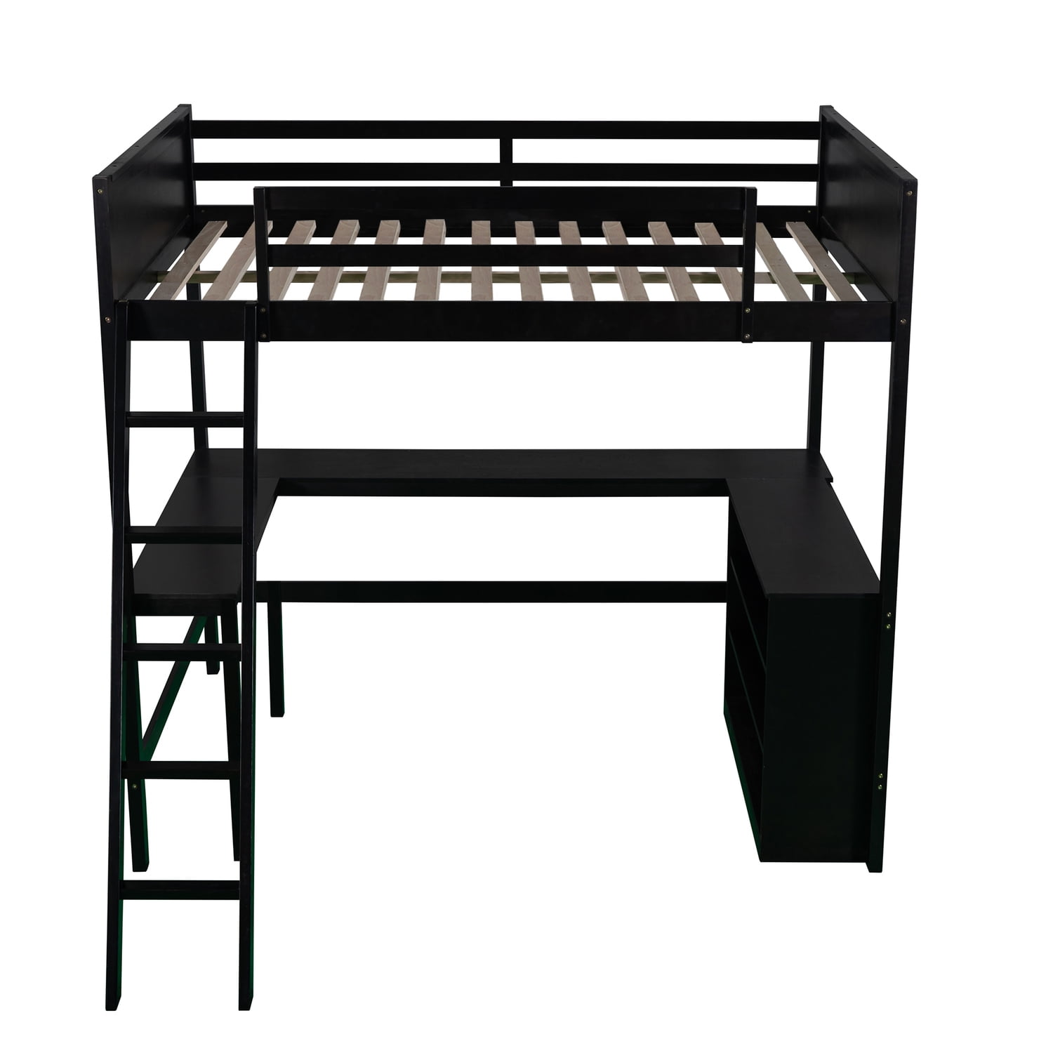 IM Lashes Full Size Loft Bed with Shelves and Desk, Wooden Loft Bed