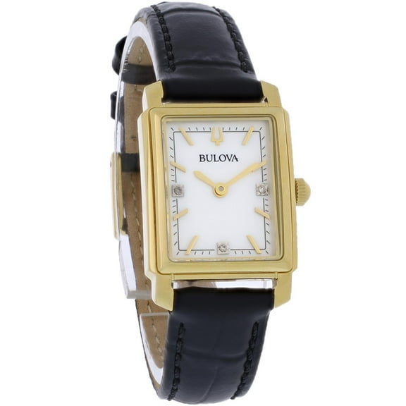 Bulova Sutton Women's Diamond Gold Tone Black Leather Band Quartz Watch 97P166