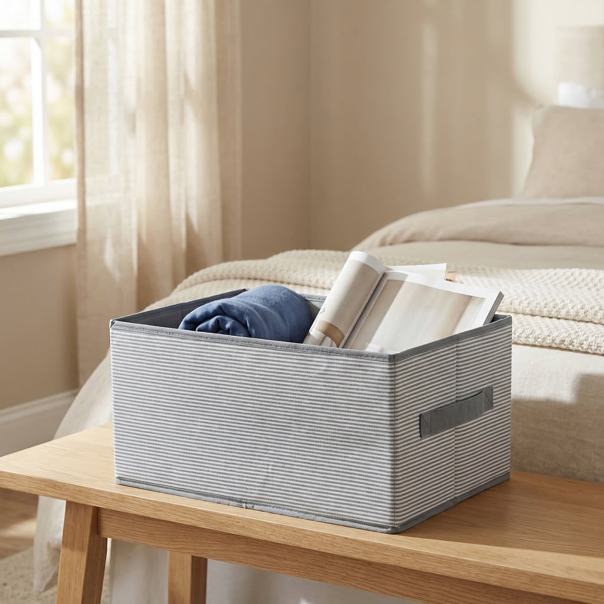 Unique Bargains 3pcs Fabric Storage Bin with Stripe Grey 18.5*11*7.9in
