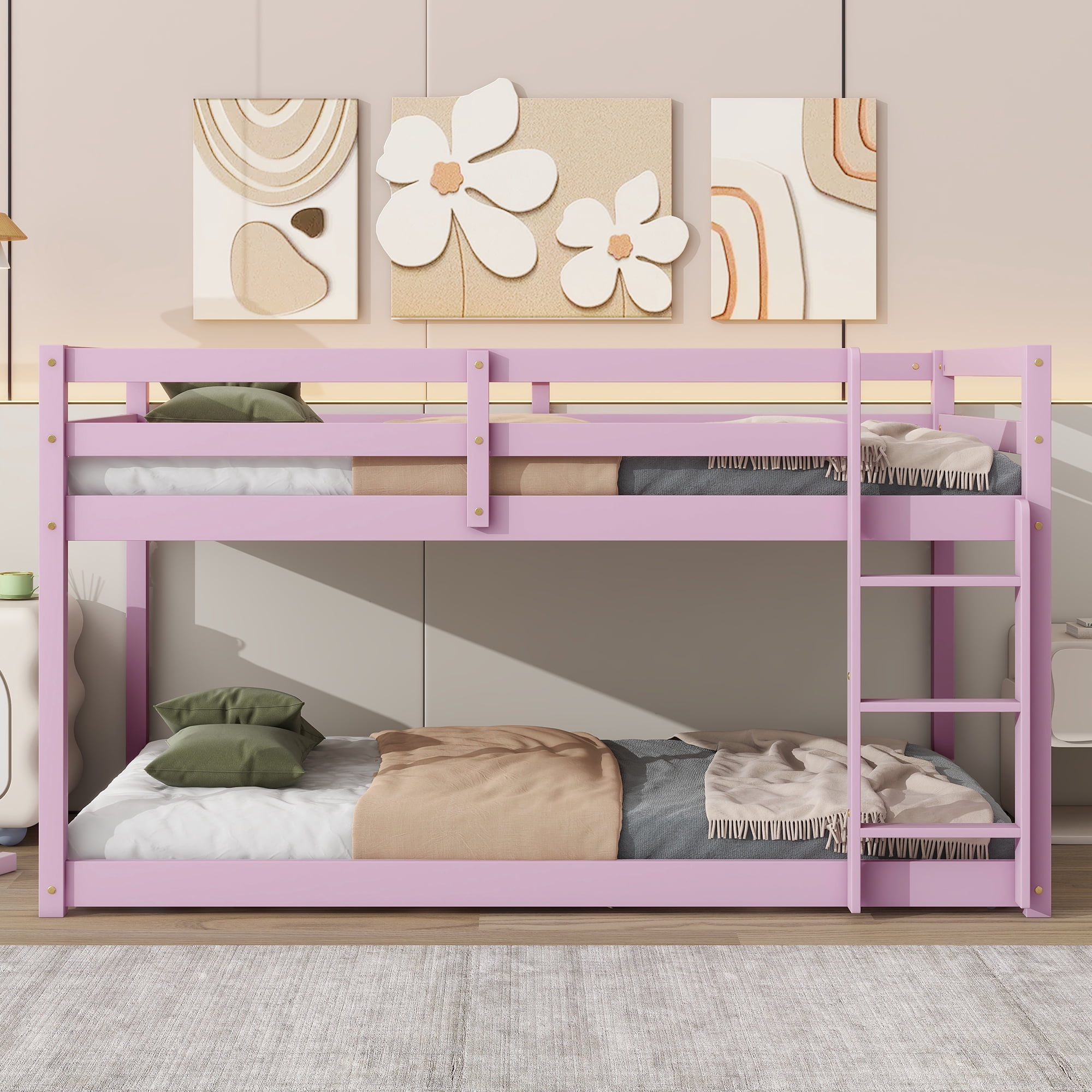 Alvantor Wooden Bunk Bed Twin over Twin Floor Bunk Bed with Safety Rail, Ladder for Children Boys Girls Pink