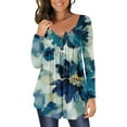thumbnail image 2 of IROINNID Savings Ladies Long Sleeve T Shirts Lounge T-shirt Printed Round Neck Ruched Button Pullover Blouse Tops,Blue, 2 of 6