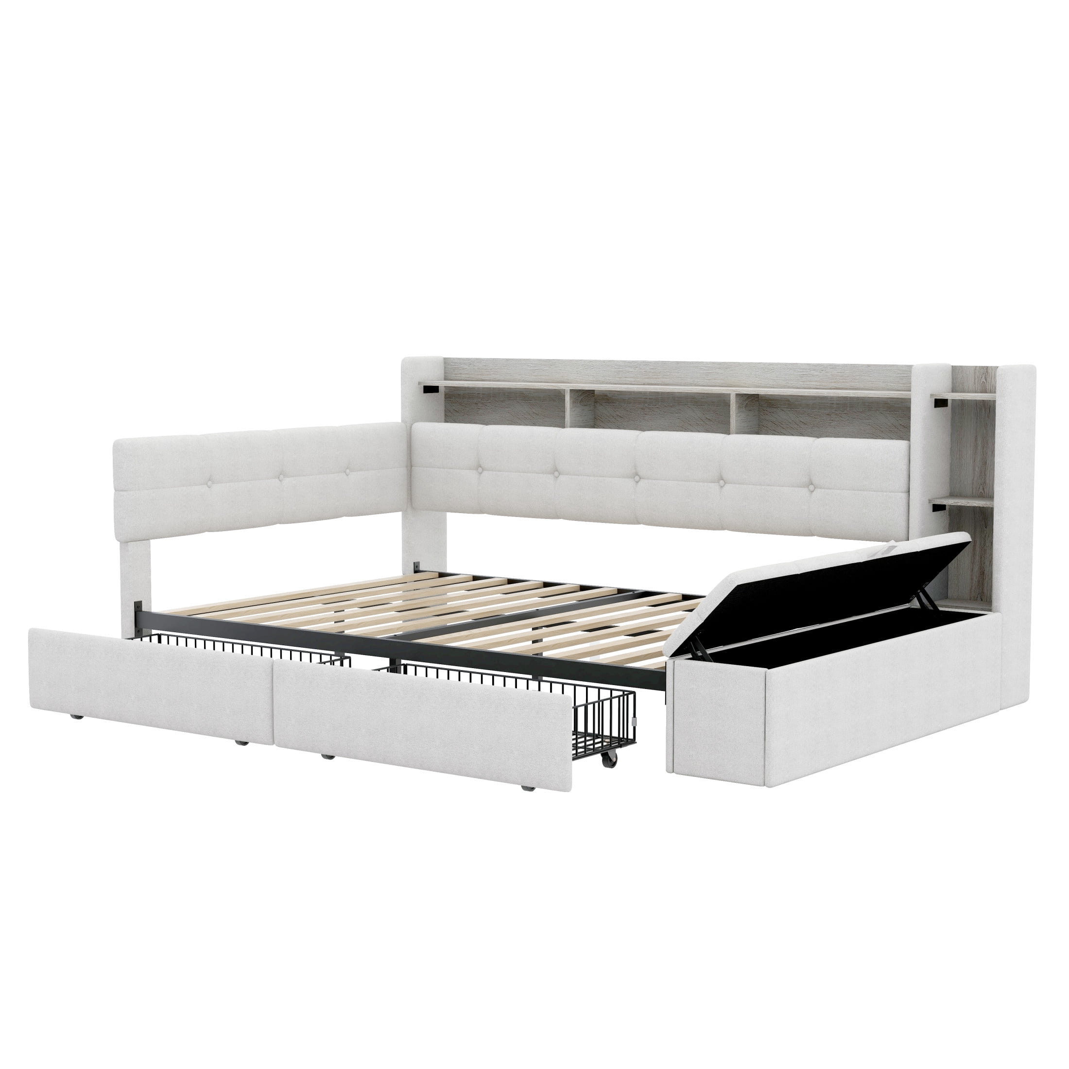 Noble House Brevon Full Size Upholstered Daybed with Extra Drawers, Storage Footstool, USB Port and LED Light, Beige