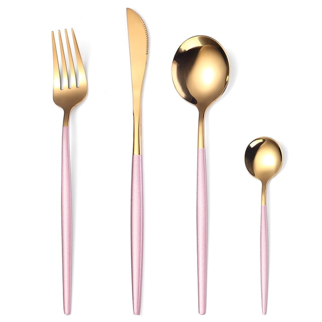 Ensemble de Couverts 4 Pcs 18/10 Ustensiles Réutilisables en Acier Inoxydable Fourchettes Cuillères Couteaux, Couverts Polis Miroir, Idéal pour Réunions de Famille & Usage Quotidien (Or/rose)