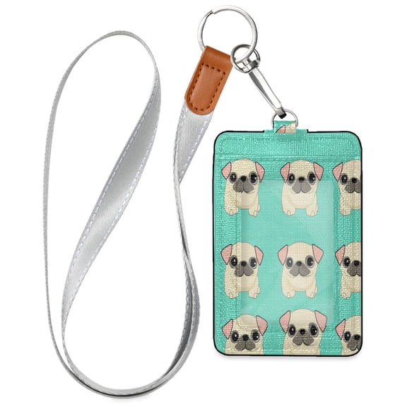 PU Leather ID Badge Holder Stylish Badge Holders with Lanyard (4.3x2.8x0.3in) for Cards & Credentials Cute Cartoon-style Beige Pugs