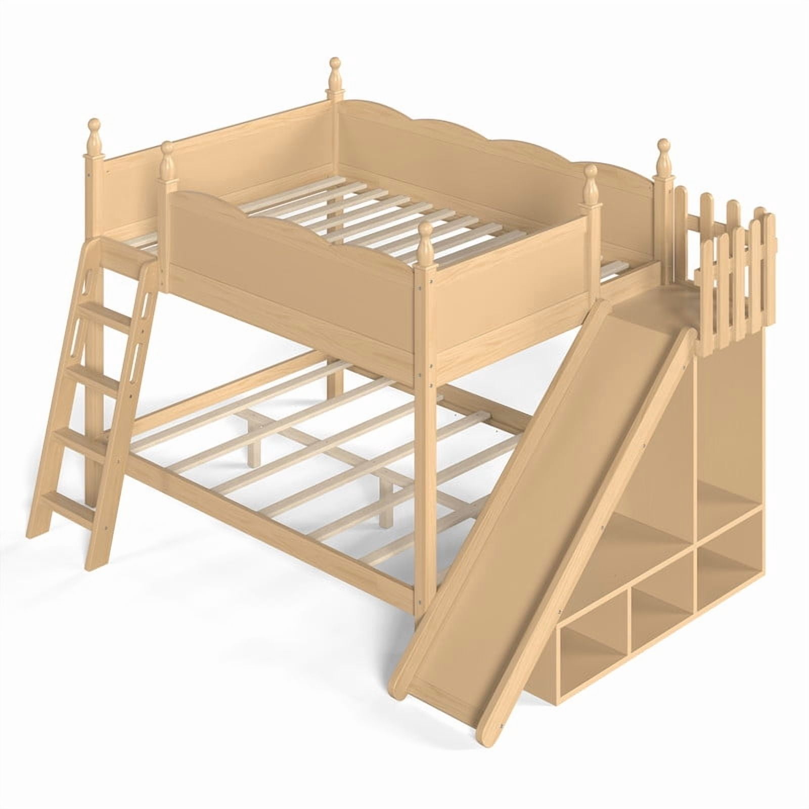 Full Over Full Bunk Bed with Slide and Ladder, Solid Wood Kids Bunk Bed with Storage Shelves and Hanging Rod, Low Profile Design, Full-Length Guardrails
