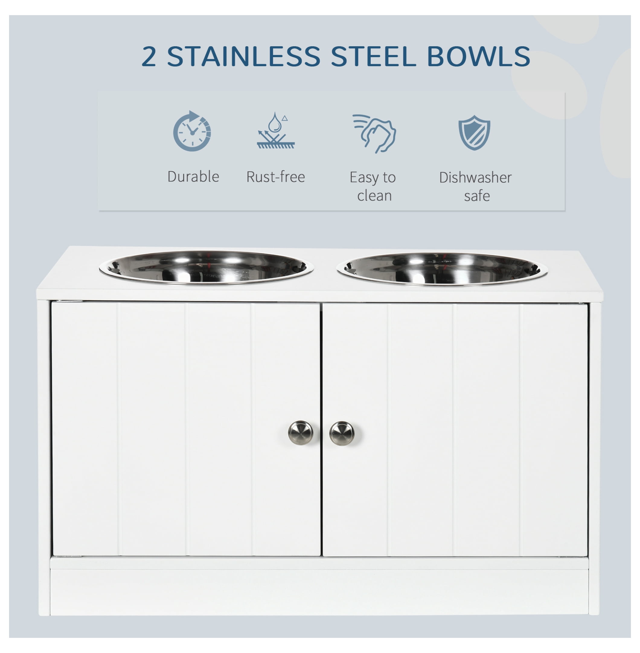 Large Elevated Dog Bowls with Storage, Raised Dog Feeder Stand, 44L Cabinet, Stainless Steel Bowls, White Pet Feeding Station