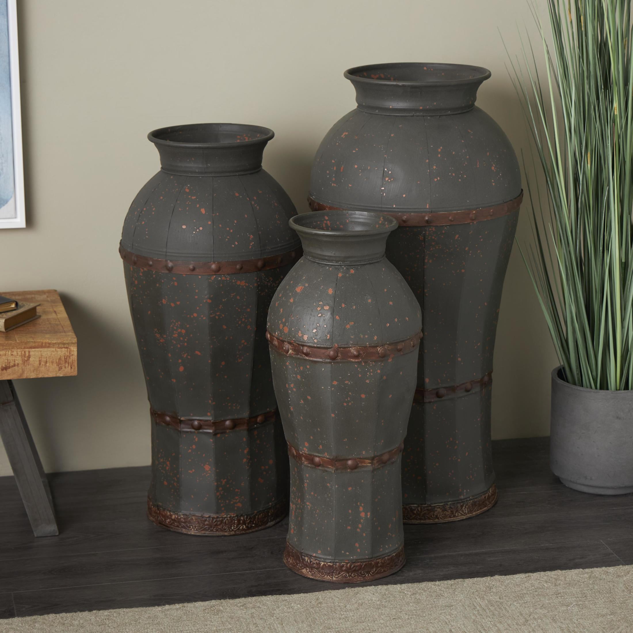 DecMode 37", 33", 29"H Distressed Dark Gray Metal Vase with Rivet Details, Set of 3