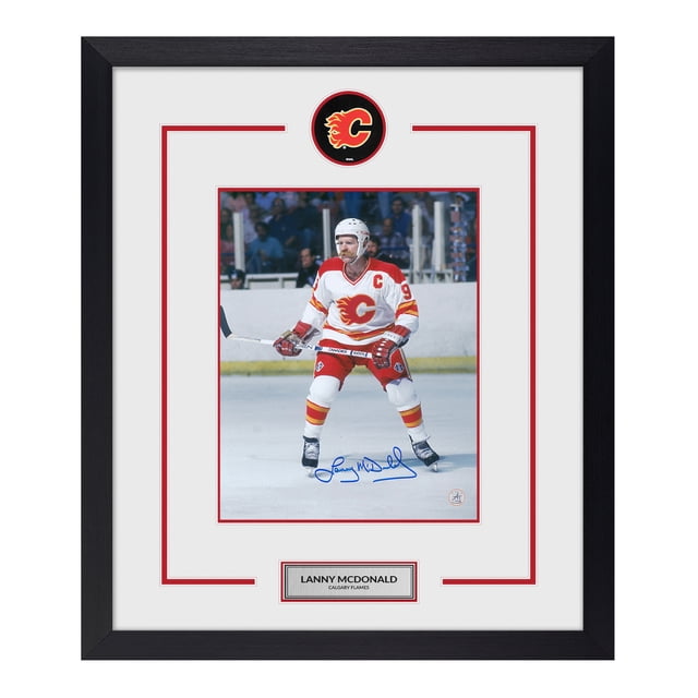 Lanny McDonald Autographed Calgary Flames Puck Logo 23x27 Frame