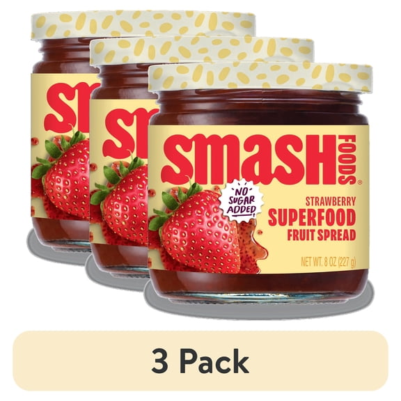 (3 pack) Smash Foods, Strawberry Jam, No Sugar Added, Low-Calorie, Vegan (1 Jar)