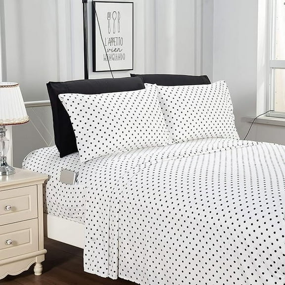 Mocassi 6-Piece Sheet Set with Smart Pockets Delilah Polkadot - 1500 Thread Count Cozy, Fade & Wrinkle Resistant, Polkadot Sheet Set, King, White