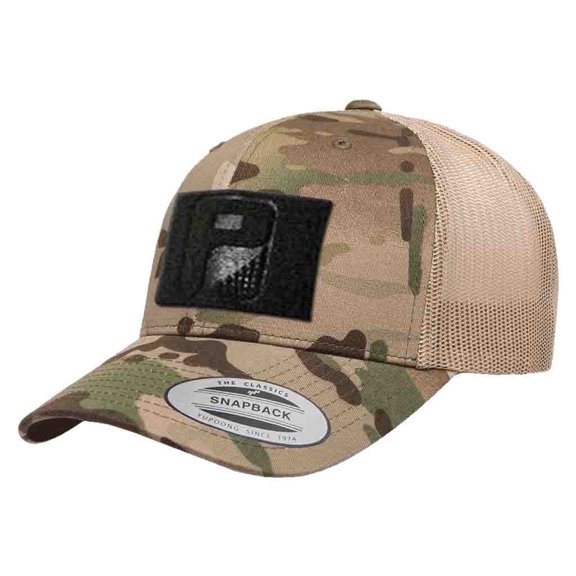 Pull Patch Multicam Camo Curved Bill Snapback Trucker Hat | Camo & Khaki Tactical Cap | 2x3 in Loop Surface for Patches
