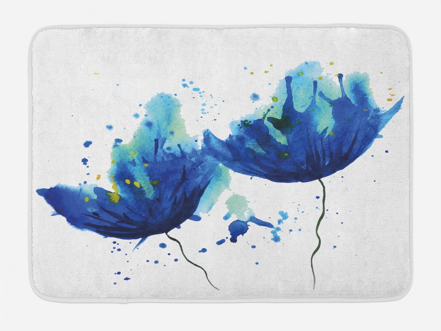 Blue Bath Mat, Watercolor Style Effect Floral Design Abstract Art