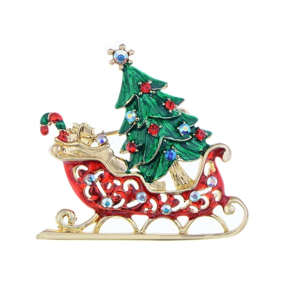 Broche de Noël Rouge en Forme de Traîneau de Noël, Arbre de Noël Vert, Strass Multicolores