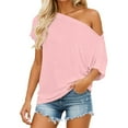 thumbnail image 2 of Batwing Sleeve Tops for Women Summer Casual Short Sleeve Off Shoulder Loose Plain T Shirts Going out Tops, 2 of 5
