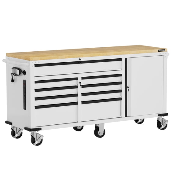 WORKPRO 72" x 22" Rolling Tool Cabinet, 9-Drawer & 1-Door, 1500 LBS Capacity Tool Chest with Wooden Workbench, Adjustable Shelves, Locking System and 6 Swivel Casters