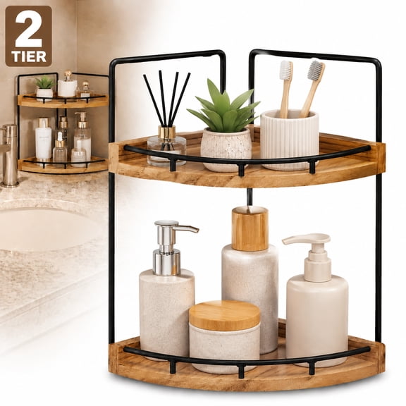 Deally 2 Tier Wood Corner Shelf for Bathroom Vanity Countertop Brown Space Saving Organizer for Skincare Makeup and Toiletries