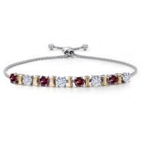 Gem Stone King 925 Silver and 10K Yellow Gold Red Rhodolite Garnet and White Moissanite Bracelet for Women | 2.40 Cttw | Gemstone January Birthstone | Round 4MM | Adjustable up to 9 inch