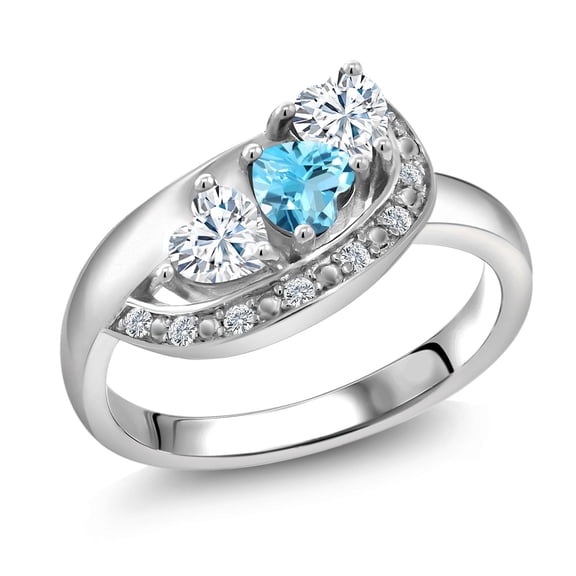Gem Stone King 925 Sterling Silver Swiss Blue Topaz and White Moissanite and White Created Sapphire Engagement Ring for Women (0.85 Cttw, Gemstone November Birthstone, Heart Shape 4MM, Size 6)