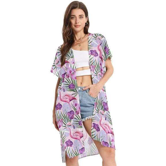 Beach Vacation Clothes Kimono Cardigan Loose Swimsuit Cover Up for Women Flamingo with Phalaenopsis S